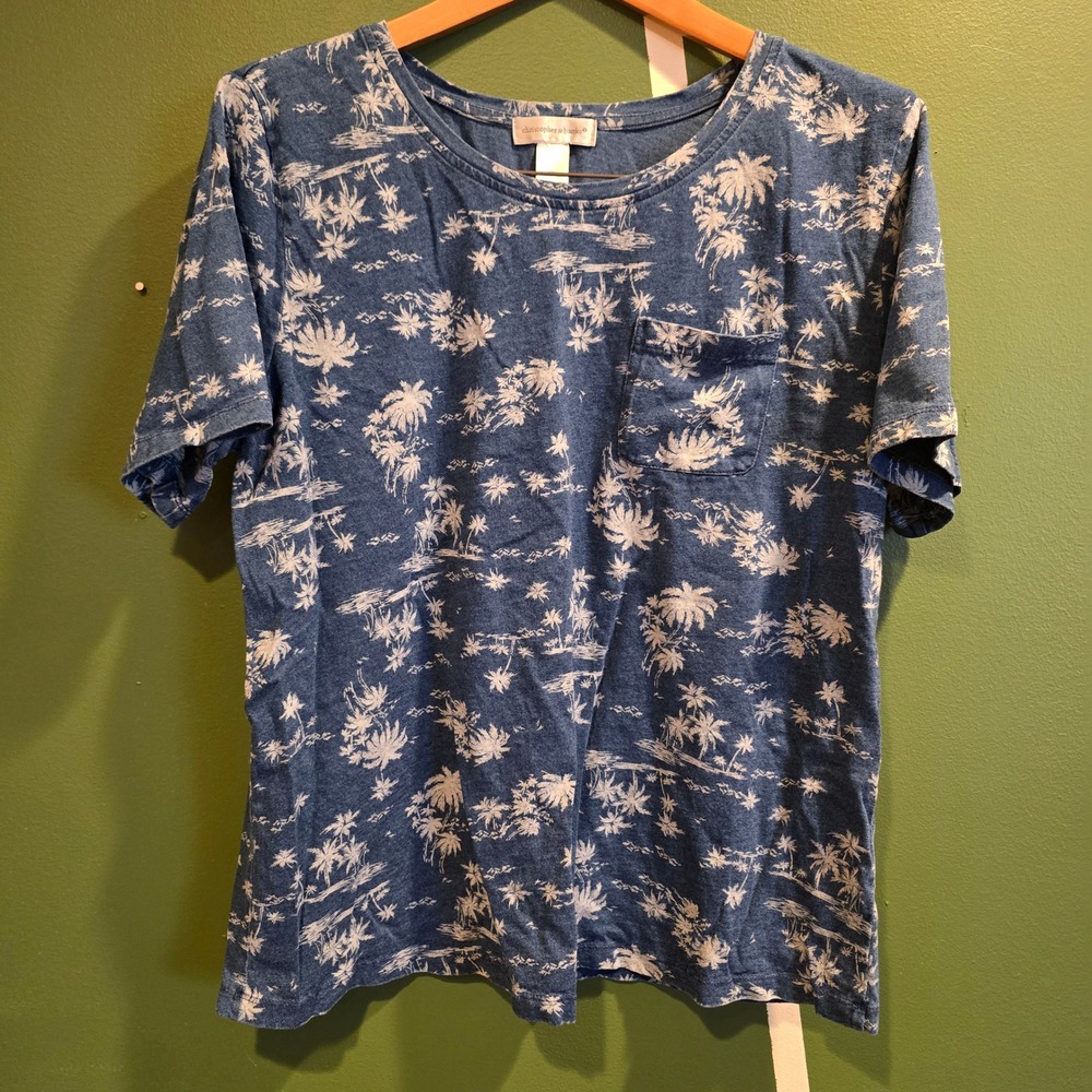 VTG Christopher & Banks Mens Tropical Palm Tree Print T Shirt‎ Size XL Blue